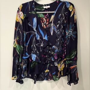 Parker Gardenia Nights Navy Floral silk blend blouse ruffle peplum detailing